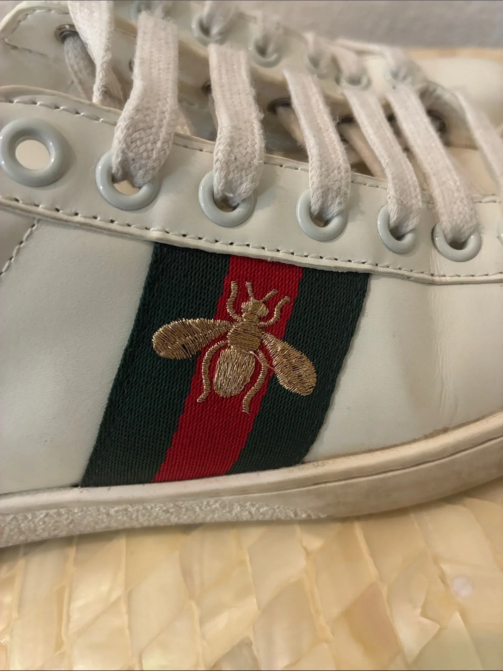 Gucci White Leather Sneakers with Red & Green Stripe and Bee Patch